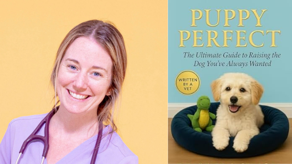 Smiling female veterinarian with a stethoscope around her neck on the left, next to the cover of a book titled 'Puppy Perfect: The Ultimate Guide to Raising the Dog You've Always Wanted' featuring a fluffy puppy sitting in a dog bed with a green dinosaur toy.